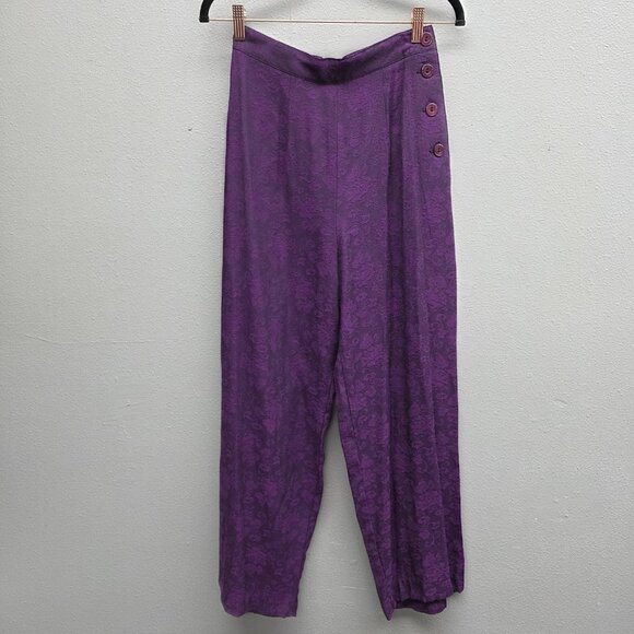 Sostanza Pants Womens 6 Purple Jacquard High Waist Button Side Floral Made USA - Picture 1 of 12